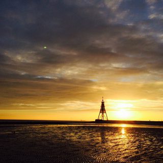 Kugelbake bei Sonnenuntergang